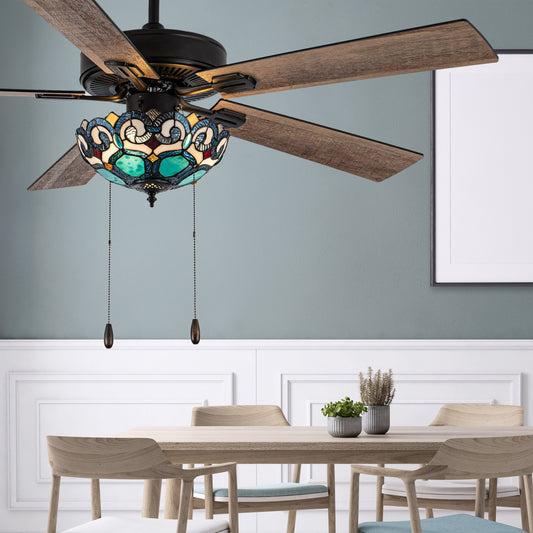 Astrid River of Goods Multicolored Oil-Rubbed Bronze and Stained Glass 3-Light 52-Inch Ceiling Fan - 52 x 52 x 14.75/19.75