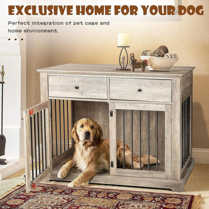 BOSSIN 44 Inch Large Dog Crate Furniture, Wooden Dog Kennel End Table with Storage Drawers, Decorative Pet Crates Dog House