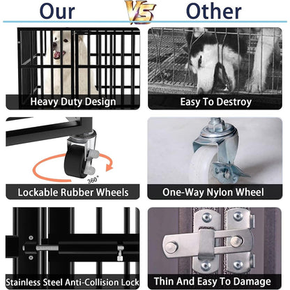 BOSSIN 48/38 inch Heavy Duty Indestructible Dog Crate, Escape Proof Dog Cage Kennel with Lockable Wheels