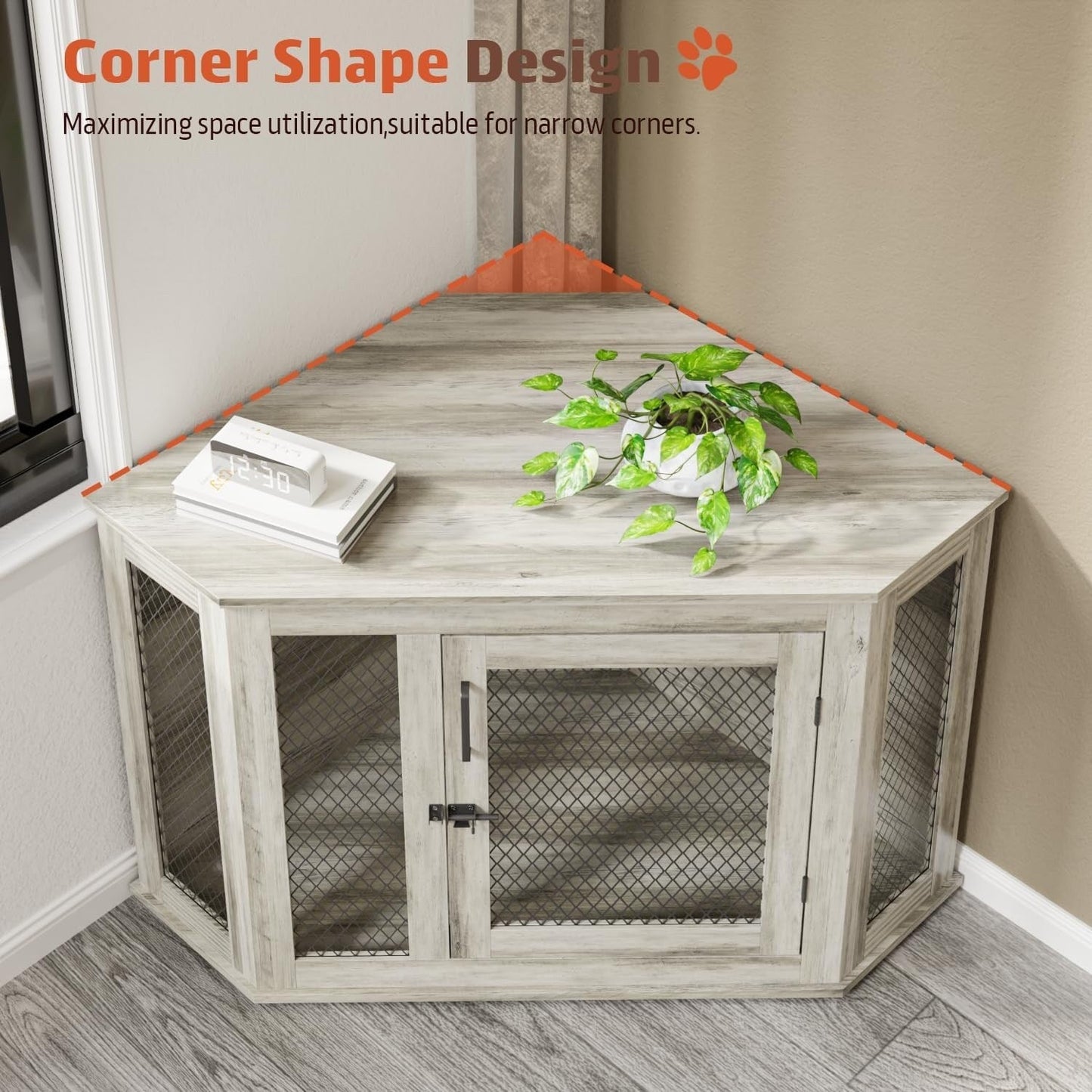 BOSSIN Corner Dog Crate Furniture,44/52 inch Wooden Dog Kennel Furniture with Mesh,Decorative Wood Dog House for Indoor use