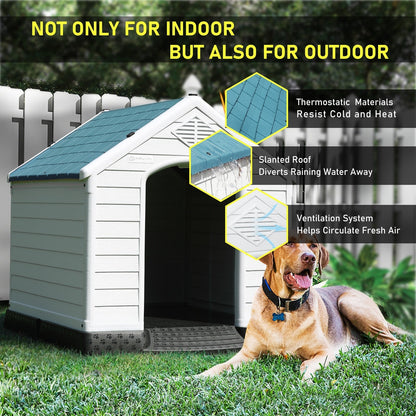 BOSSIN Plastic Dog House for Small to Large Sized Dogs, Indoor Outdoor Insulated Doghouse Puppy Shelter with Elevated Floor