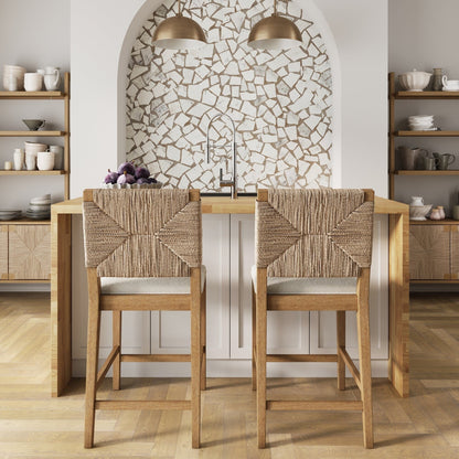 Beacon Bohemian Boucle Bar Stool, Upholstered Counter Height Chair with Solid Wood Frame and Woven Seagrass Back