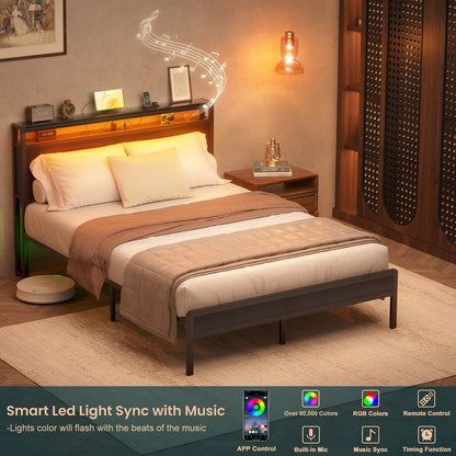 Farmhouse Wood Platform Bed Frame with Charged Station and LED Lights