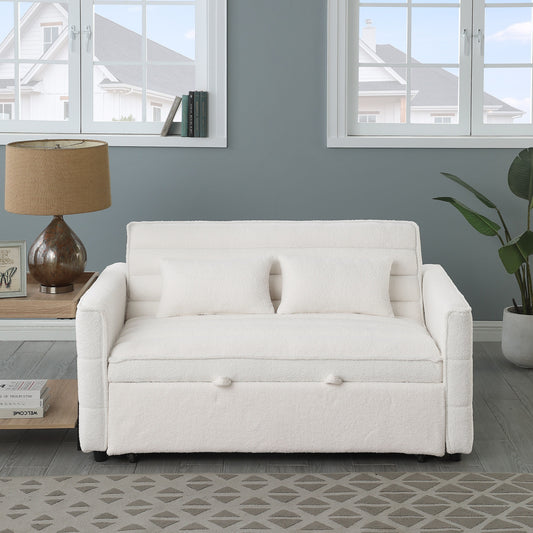 Beige 55.12 Boucle Loveseat Convertible Pull-Out Sofa Bed with Adjustable Back and 2 Waist Pillows for Living Room