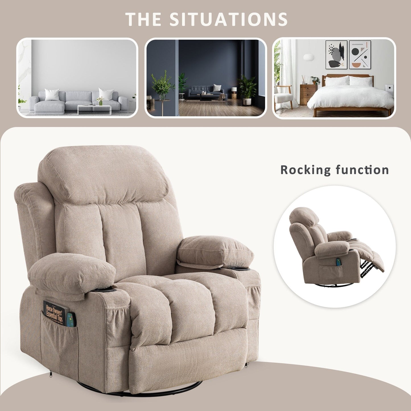 Beige Swivel Recliner with Massage, Heat & USB Charging