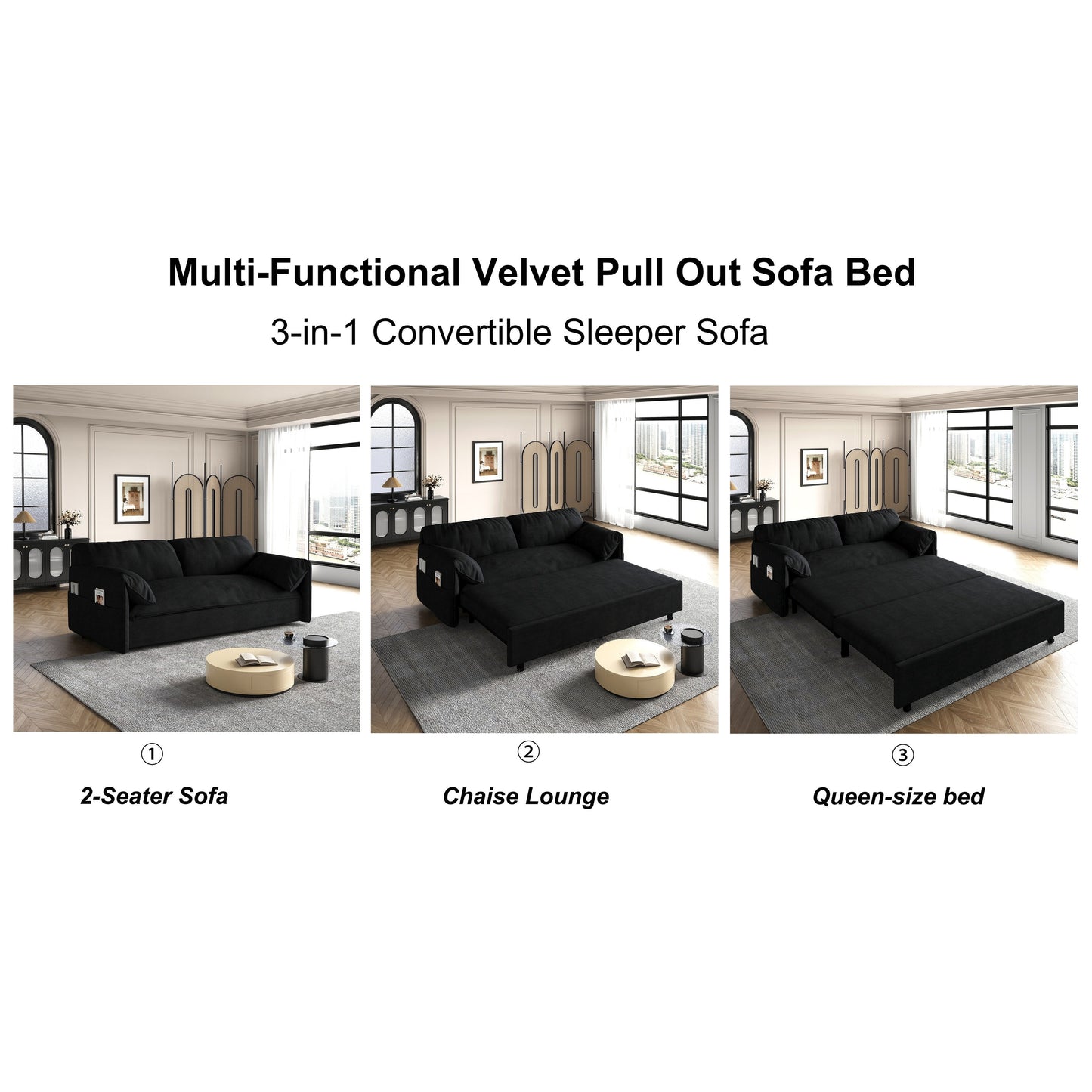 Black 63.8 3-in-1 Velvet Loveseat Pull Out Sofa Bed with Side Storage for Living Room