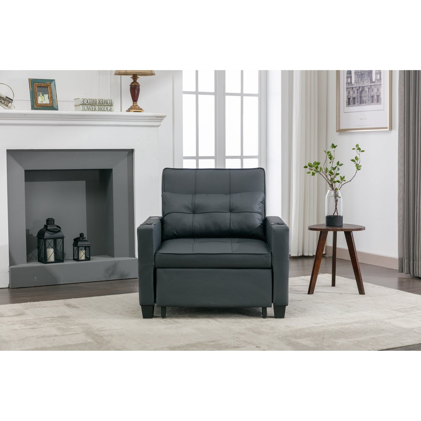 Black Faux Leather Convertible Sofa Bed with USB Ports