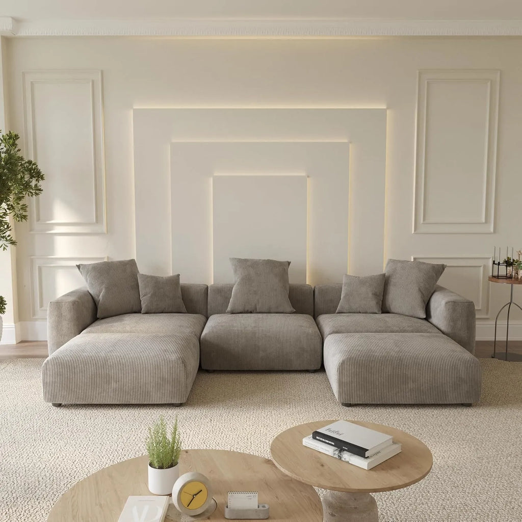 Canapés modulaires modernes Matrix | Ensemble de 5 pièces en velours côtelé marron en forme de U, 3 places