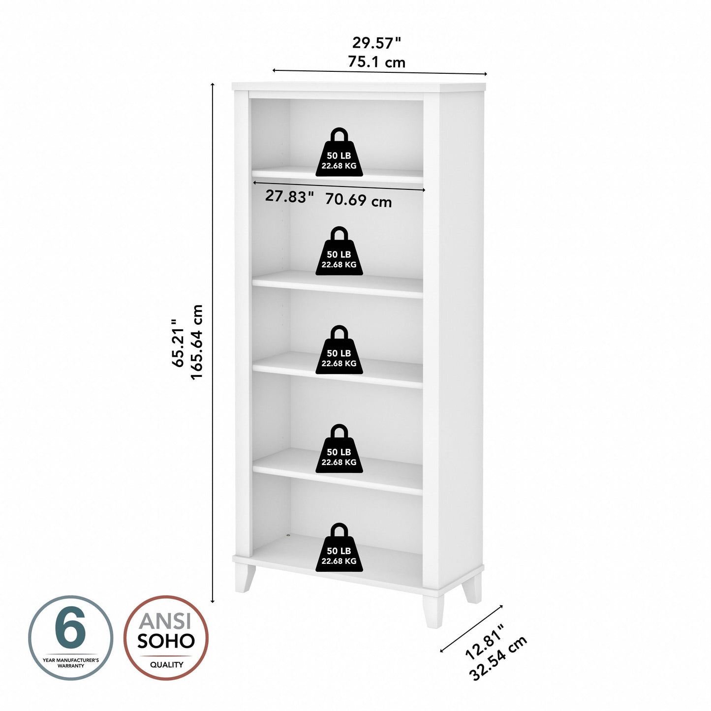 Bush Furniture Somerset Tall 5 Shelf Bookcase with Adjustable Shelves