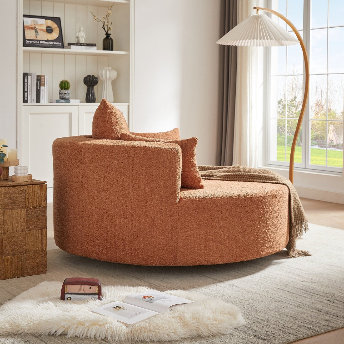 Chenille Accent Barrel Chair Lounge Chair, Round Sofa Chair Armchair with 360-Degree Swivel Base and 3 Removable Pillows