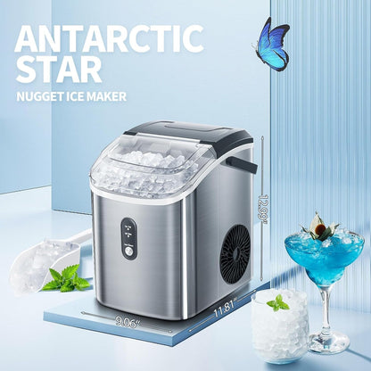 Nugget Ice Portable Countertop Ice Maker with Mechanical Buttons, Equipped with Ice Basket and Ice Scoop, Stainless Steel