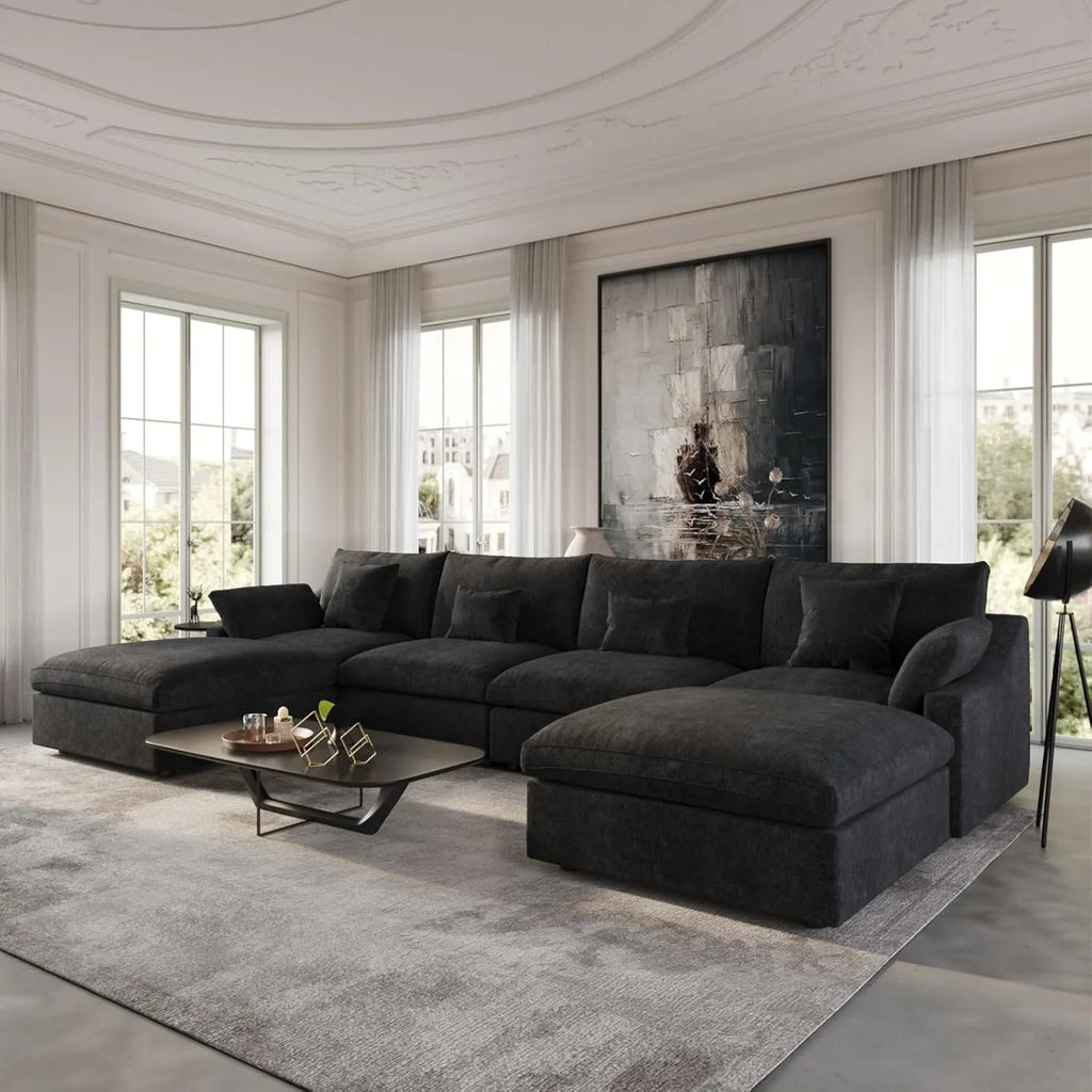 Canapés d'angle Deluxe Slope Cloud | Ensemble 6 pièces en lin noir, forme en U, 160 coussins de dossier réglables, 4 places