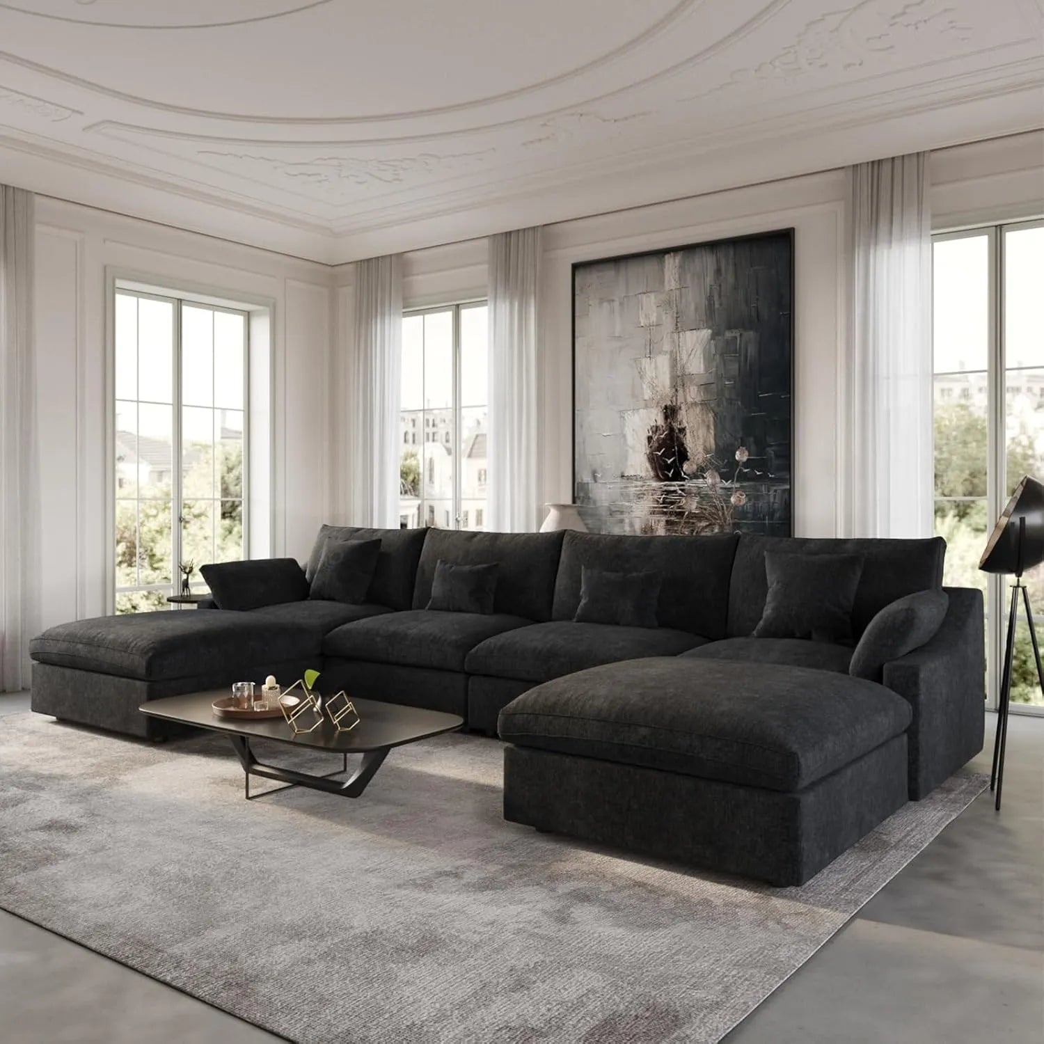 Canapés d'angle Deluxe Slope Cloud | Ensemble 6 pièces en lin noir, forme en U, 160 coussins de dossier réglables, 4 places