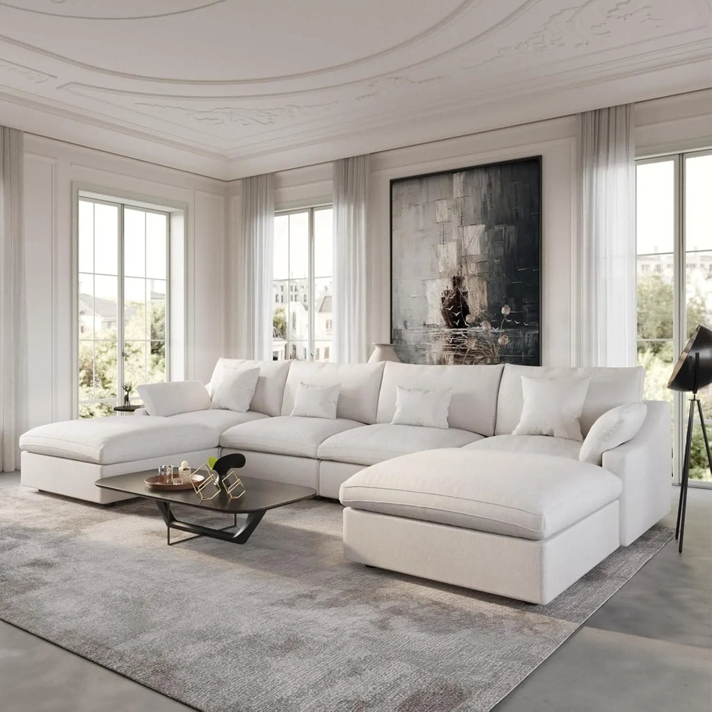 Canapés d'angle Deluxe Slope Cloud | Ensemble de 6 pièces en lin blanc en forme de U, 160 coussins de dossier réglables, 4 places