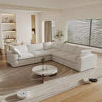 Canapés d'angle Deluxe Premium Cloud | Canapé d'angle 5 pièces en coton et lin blanc en forme de V avec pouf de rangement 160 cm et 5 places