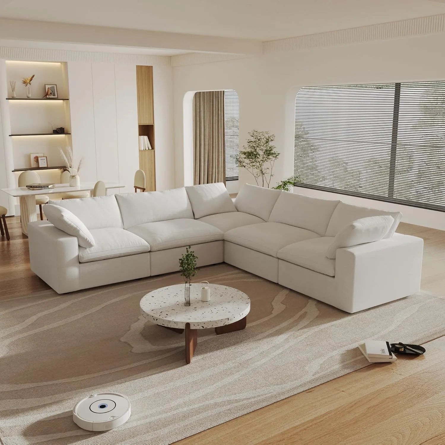 Canapés d'angle Deluxe Premium Cloud | Canapé d'angle 5 pièces en coton et lin blanc en forme de V avec pouf de rangement 160 cm et 5 places