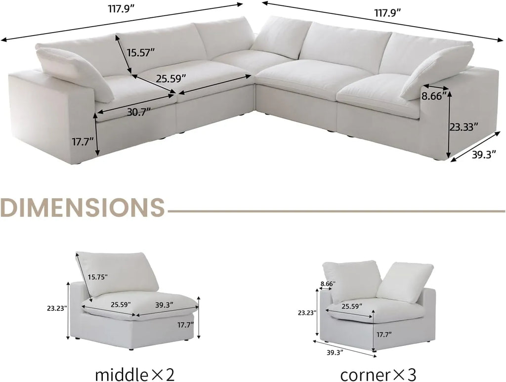 Canapés d'angle Deluxe Premium Cloud | Canapé d'angle 5 pièces en coton et lin blanc en forme de V avec pouf de rangement 160 cm et 5 places