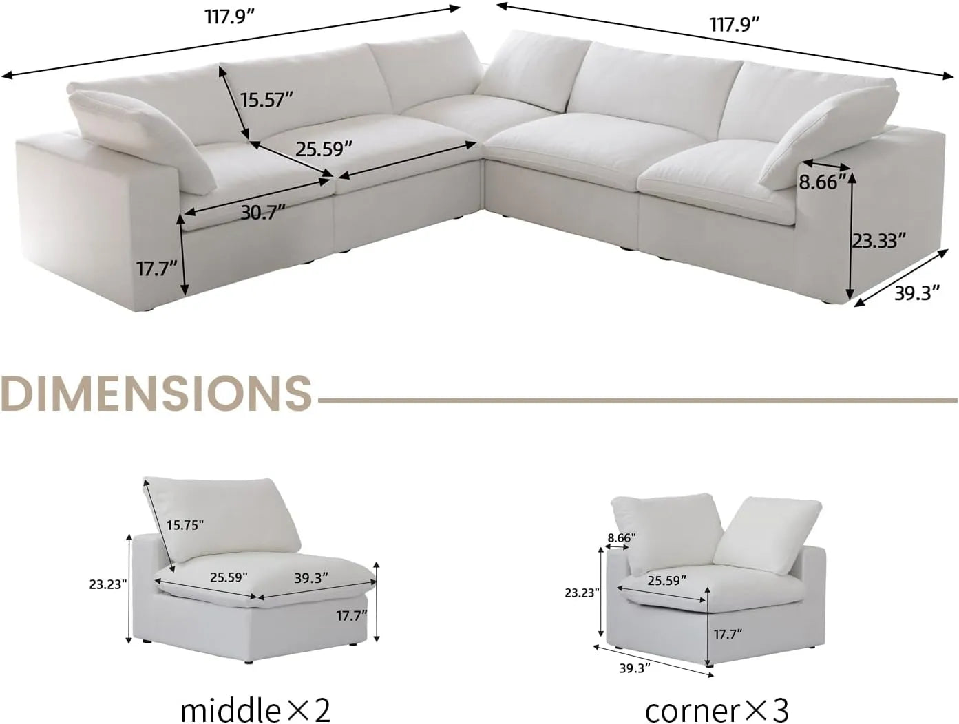 Canapés d'angle Deluxe Premium Cloud | Canapé d'angle 5 pièces en coton et lin blanc en forme de V avec pouf de rangement 160 cm et 5 places