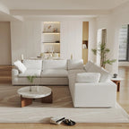 Canapés d'angle Deluxe Premium Cloud | Canapé d'angle 5 pièces en coton et lin blanc en forme de V avec pouf de rangement 160 cm et 5 places