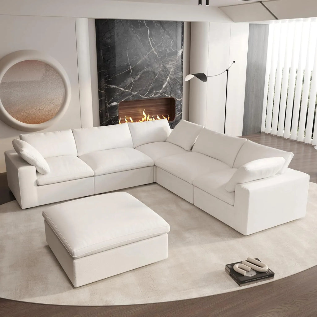 Canapés d'angle Deluxe Premium Cloud | Canapés d'angle en V 6 pièces en coton et lin blanc | 160 housses amovibles et lavables | 5 places
