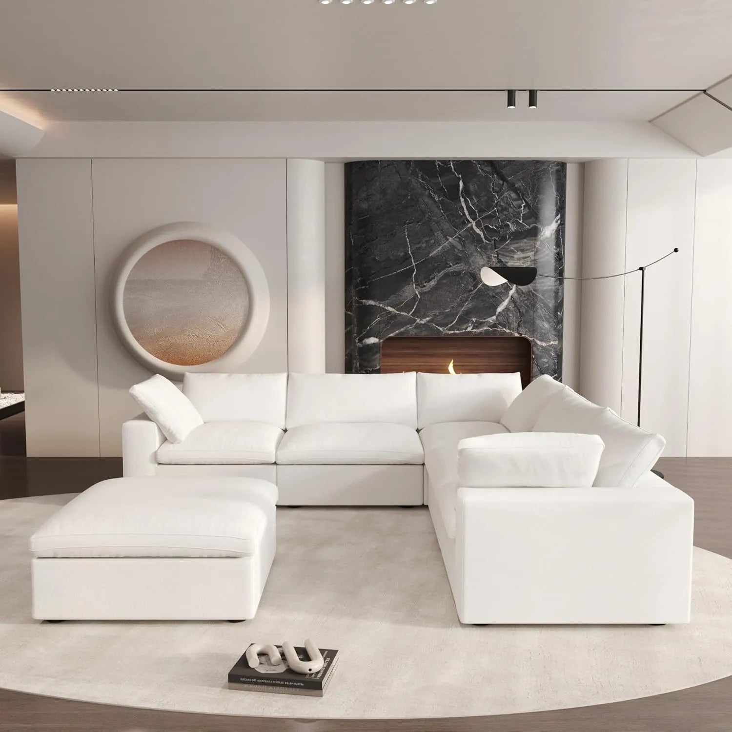 Canapés d'angle Deluxe Premium Cloud | Canapés d'angle en V 6 pièces en coton et lin blanc | 160 housses amovibles et lavables | 5 places