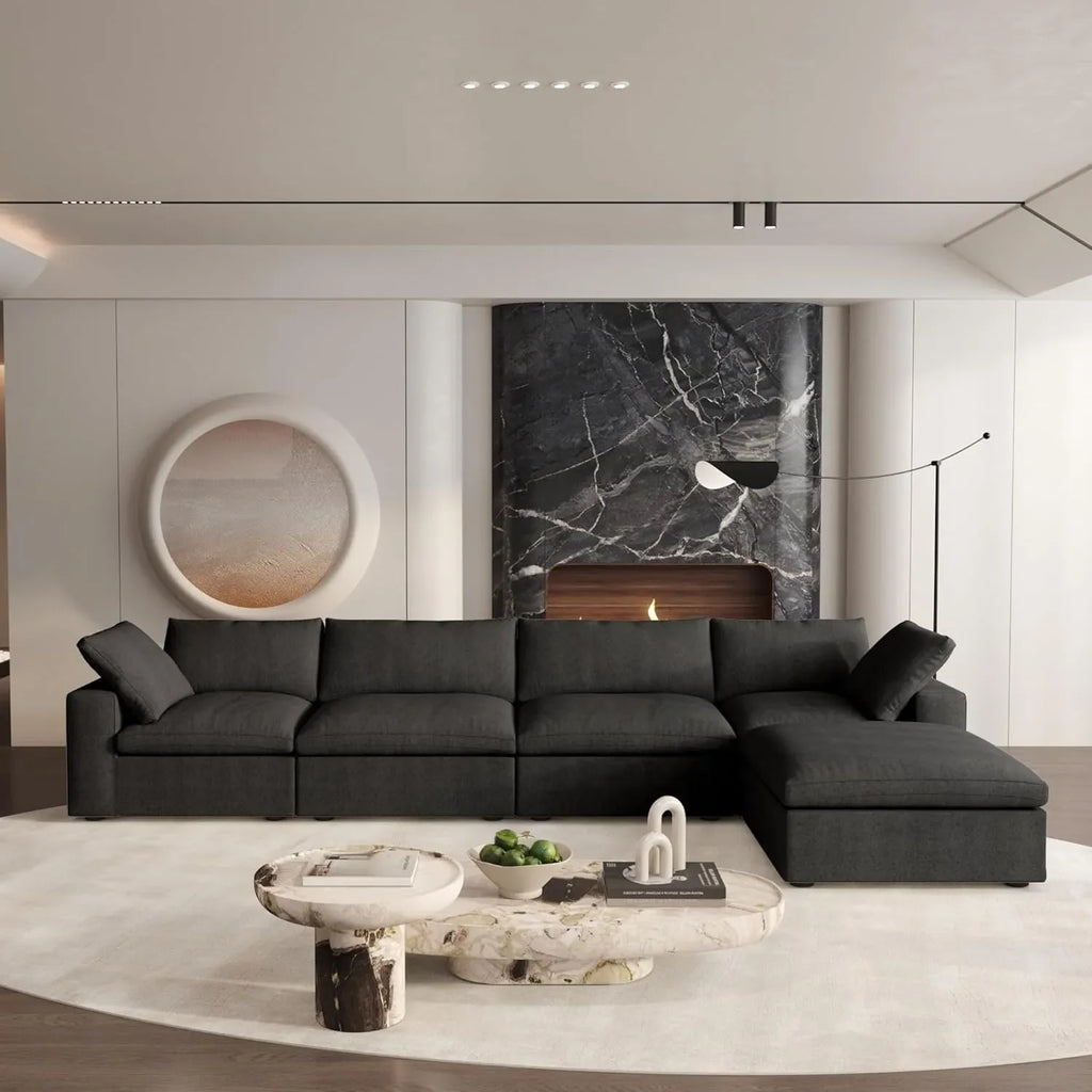 Canapés d'angle Deluxe Premium Cloud | Canapés d'angle en L 5 pièces en coton et lin noir, confort moelleux, 4 places