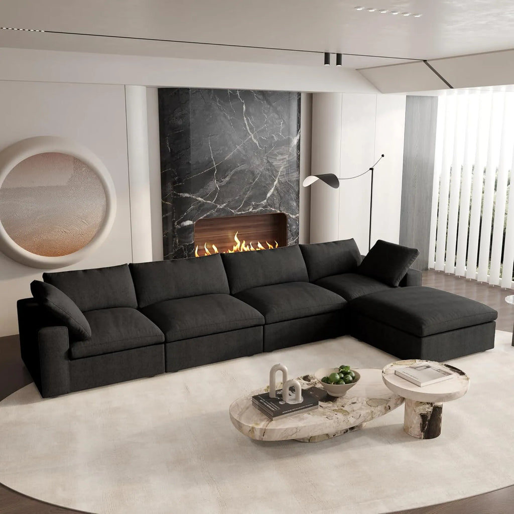Canapés d'angle Deluxe Premium Cloud | Canapés d'angle en L 5 pièces en coton et lin noir, confort moelleux, 4 places