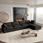 Canapés d'angle Deluxe Premium Cloud | Canapés d'angle en L 5 pièces en coton et lin noir, confort moelleux, 4 places
