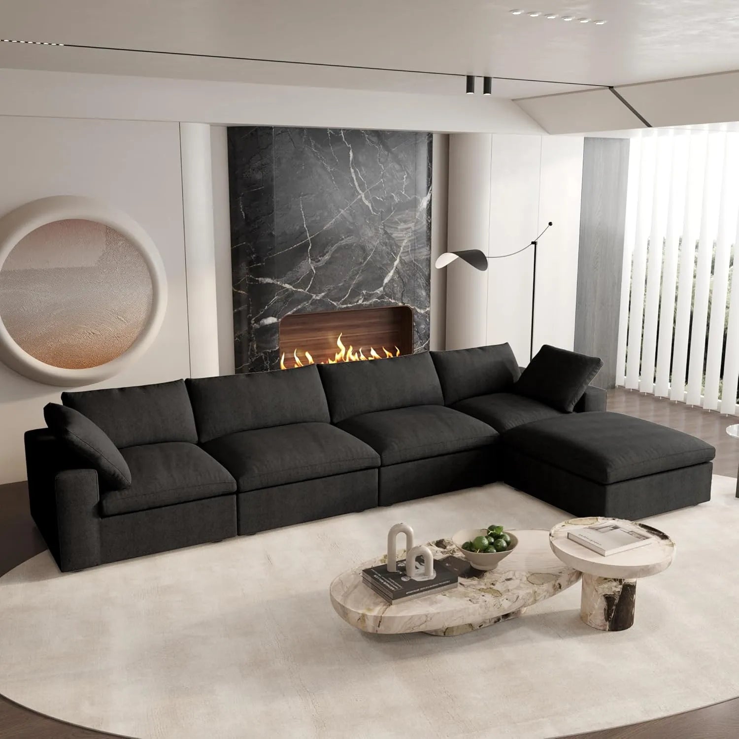 Canapés d'angle Deluxe Premium Cloud | Canapés d'angle en L 5 pièces en coton et lin noir, confort moelleux, 4 places