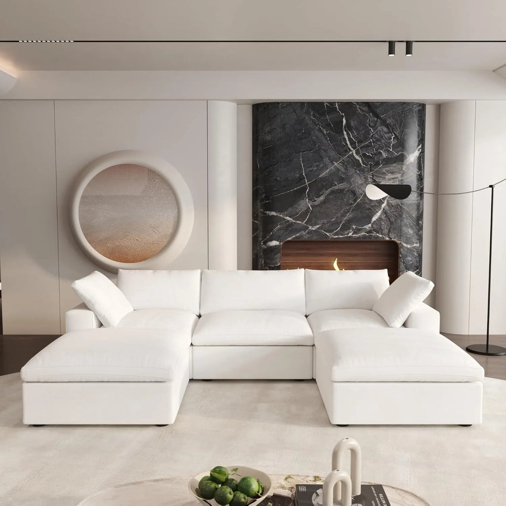 Canapés d'angle Deluxe Premium Cloud | Ensemble 5 pièces en coton et lin blanc, forme en U, 120 housses amovibles et lavables, 3 places