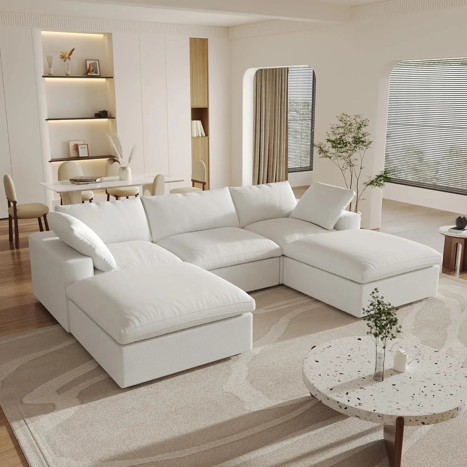 Canapés d'angle Deluxe Premium Cloud | Ensemble 5 pièces en coton et lin blanc, forme en U, 120 housses amovibles et lavables, 3 places