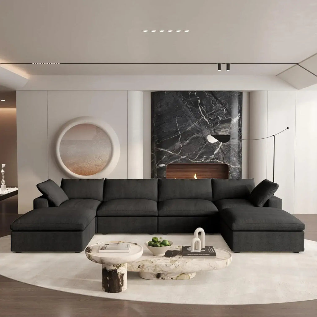 Canapés d'angle Deluxe Premium Cloud | Ensemble 6 pièces en coton et lin noir en forme de U avec pouf de rangement 160 cm et 4 places