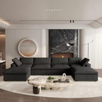 Canapés d'angle Deluxe Premium Cloud | Ensemble 6 pièces en coton et lin noir en forme de U avec pouf de rangement 160 cm et 4 places
