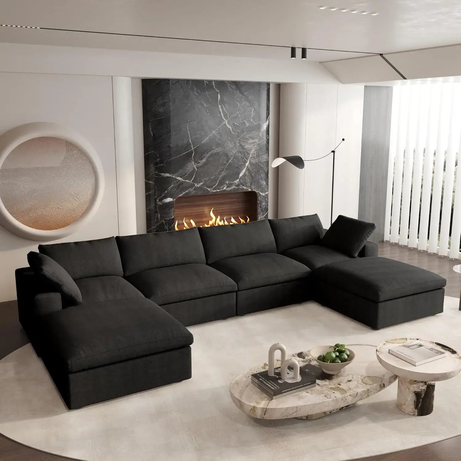 Canapés d'angle Deluxe Premium Cloud | Ensemble 6 pièces en coton et lin noir en forme de U avec pouf de rangement 160 cm et 4 places