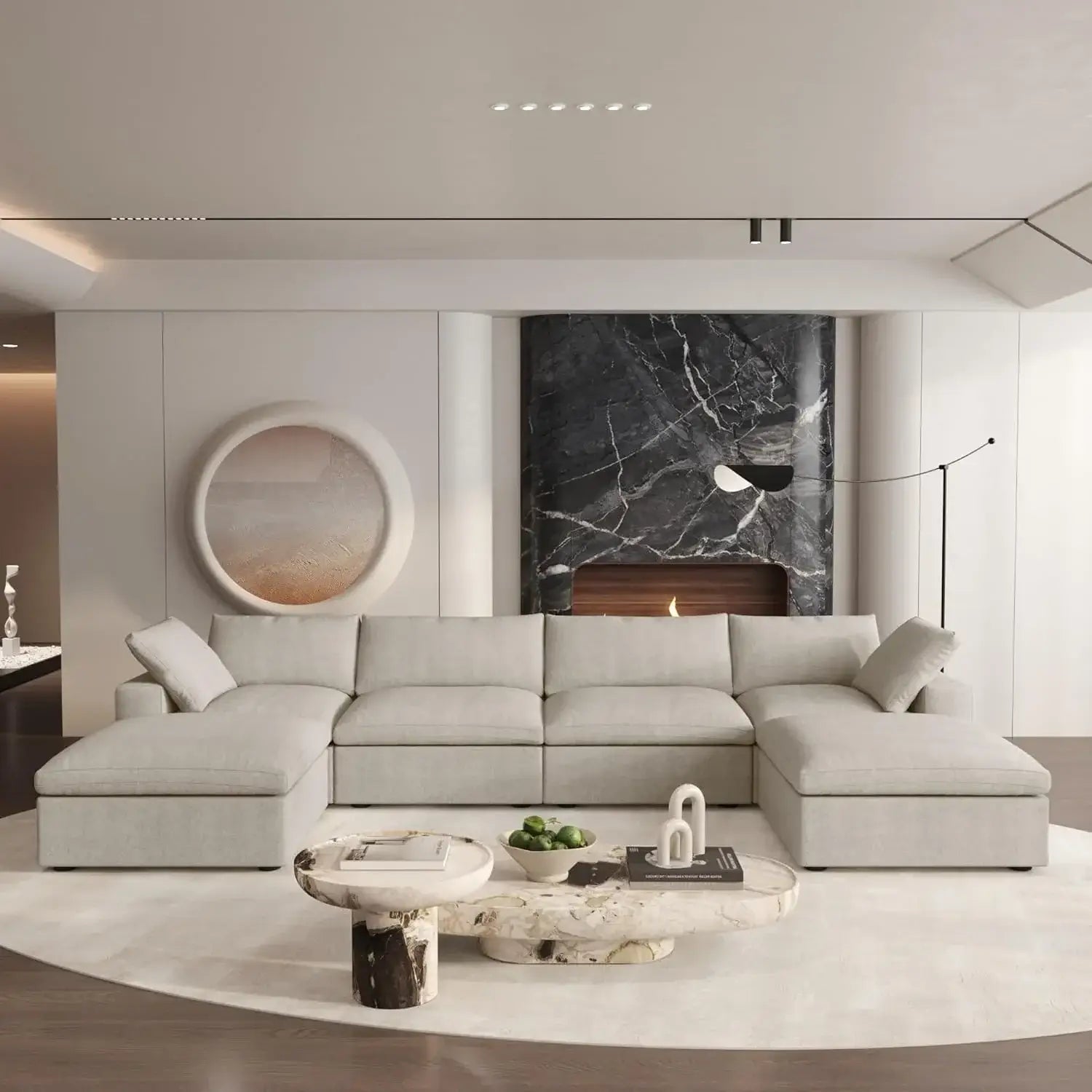 Canapés d'angle Deluxe Premium Cloud | Canapés d'angle en U 6 pièces en coton et lin kaki, confort nuageux, 4 places