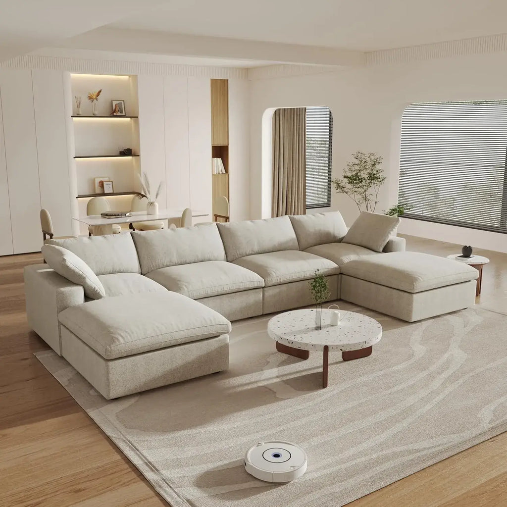 Canapés d'angle Deluxe Premium Cloud | Canapés d'angle en U 6 pièces en coton et lin kaki, confort nuageux, 4 places