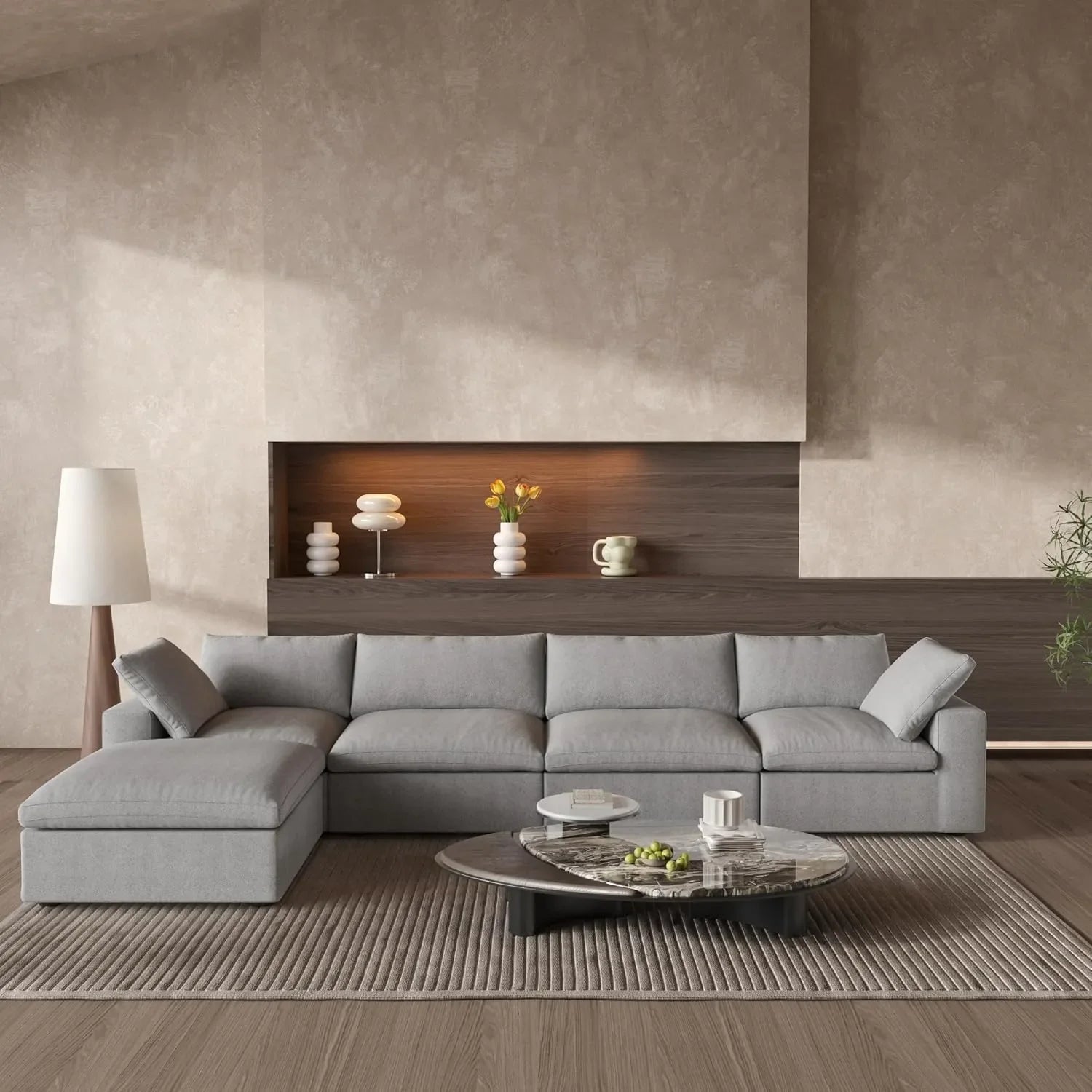 Canapés d'angle Deluxe Premium Cloud | Ensemble 5 pièces en coton et lin gris clair, en forme de L, housses amovibles et lavables, 4 places