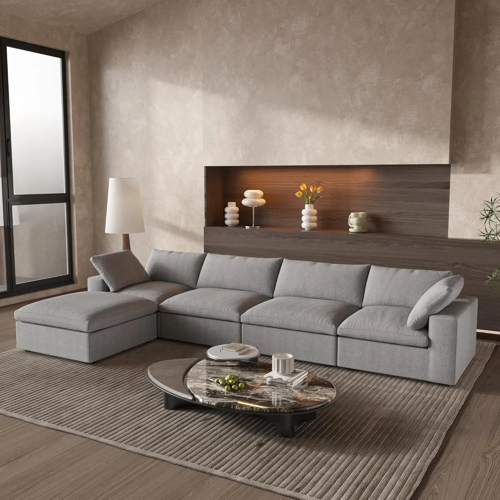 Canapés d'angle Deluxe Premium Cloud | Ensemble 5 pièces en coton et lin gris clair, en forme de L, housses amovibles et lavables, 4 places