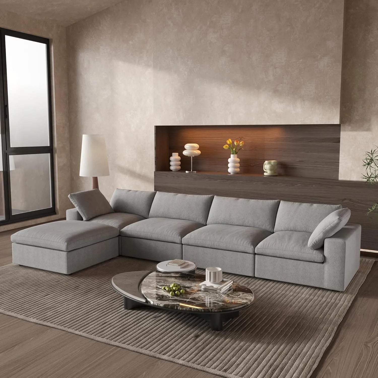 Canapés d'angle Deluxe Premium Cloud | Ensemble 5 pièces en coton et lin gris clair, en forme de L, housses amovibles et lavables, 4 places