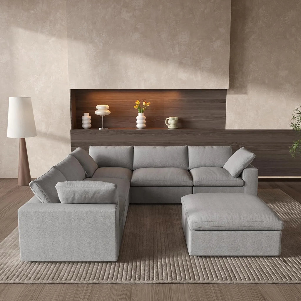 Canapés d'angle Deluxe Premium Cloud | Canapés d'angle en V 6 pièces en coton et lin gris clair, confort nuageux, 5 places