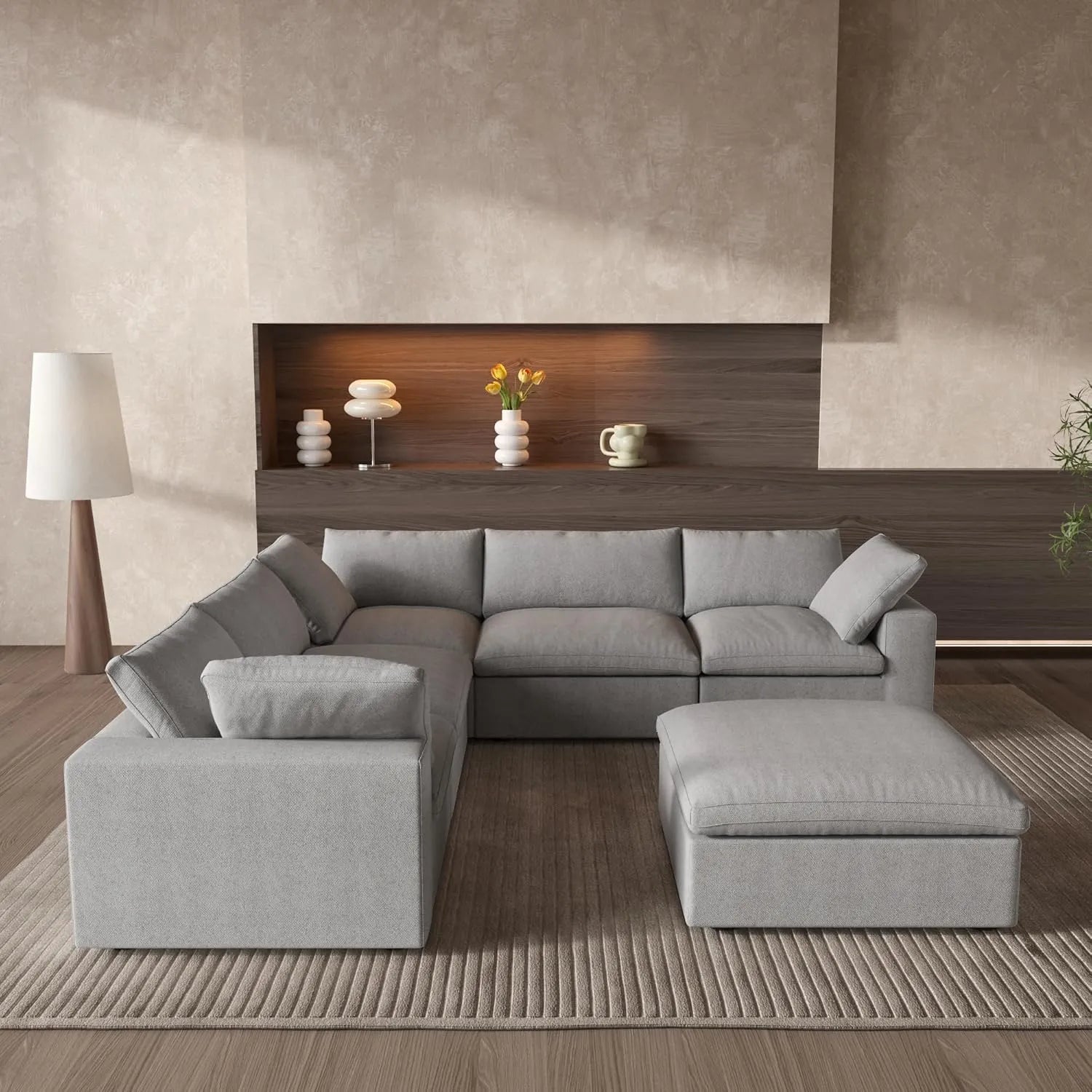 Canapés d'angle Deluxe Premium Cloud | Canapés d'angle en V 6 pièces en coton et lin gris clair, confort nuageux, 5 places