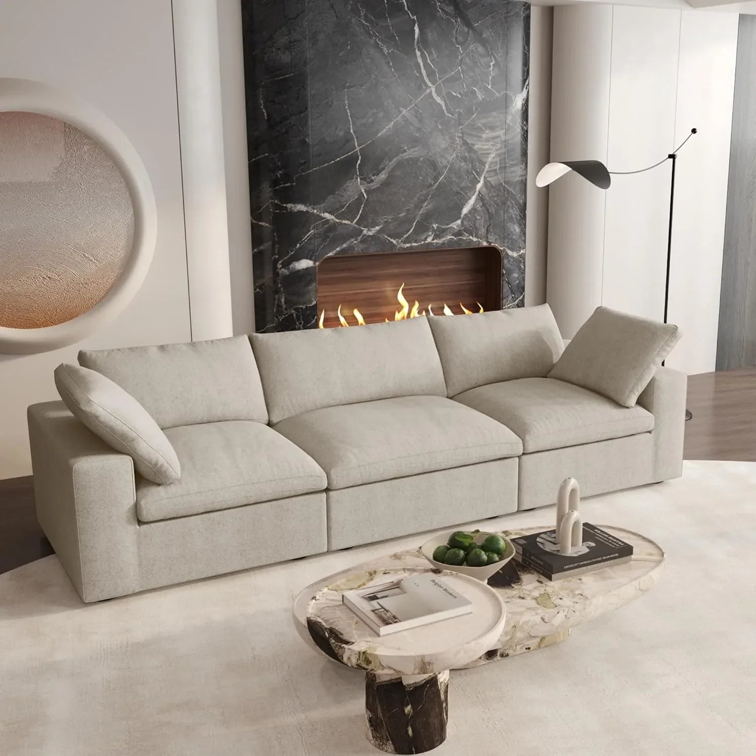 Canapés d'angle Deluxe Premium Cloud | Canapés d'angle 3 pièces en coton et lin kaki, confort optimal, 3 places