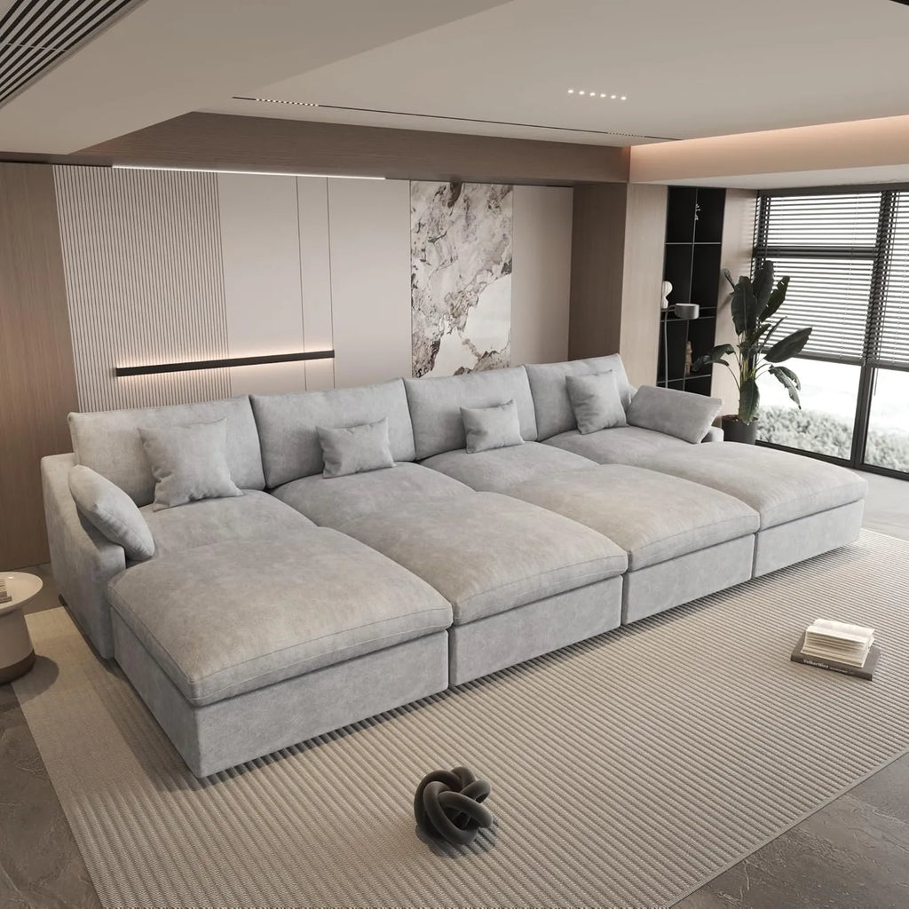 Canapés d'angle Deluxe Slope Cloud | Ensemble 8 pièces en lin gris clair, 160 coussins de dossier réglables, 4 places