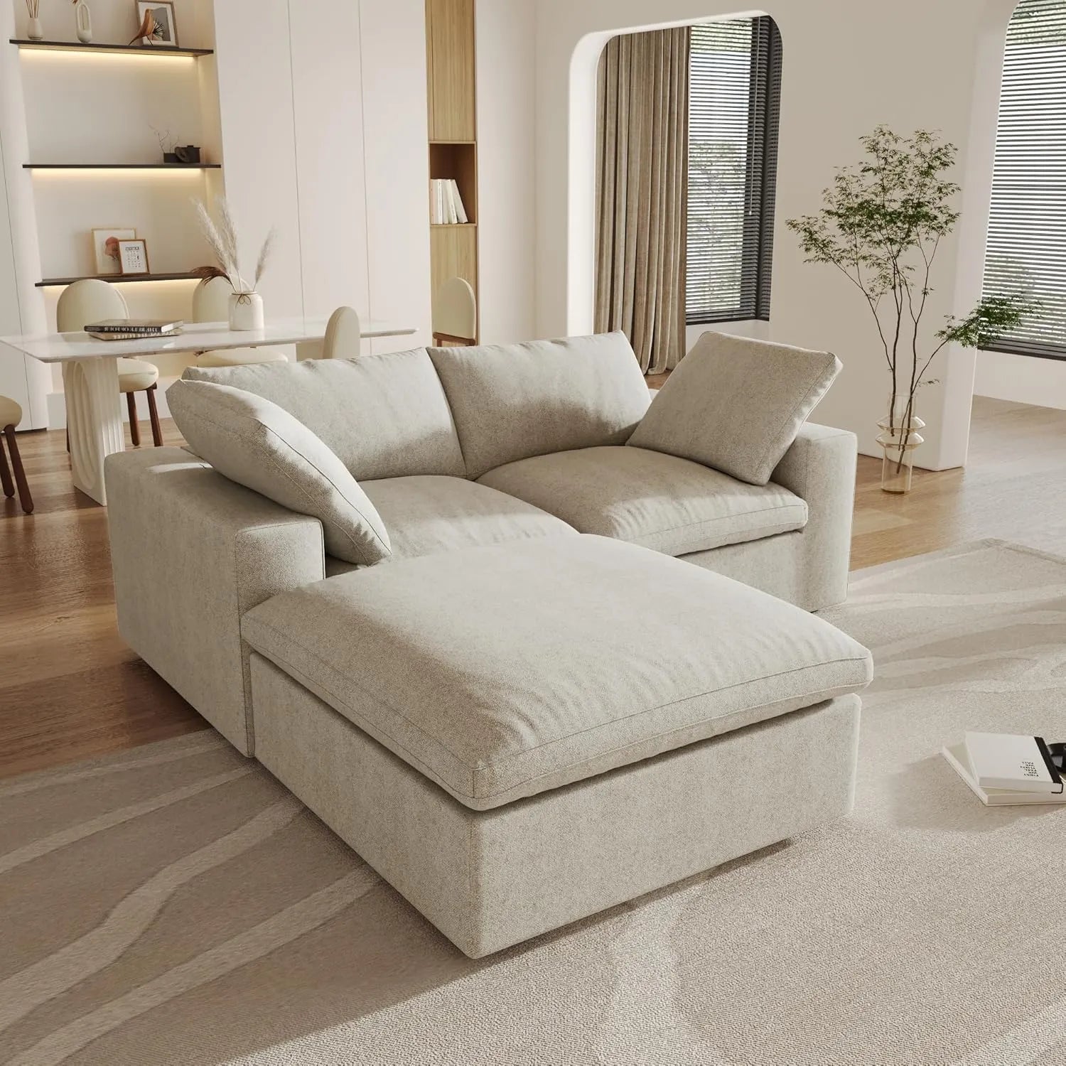 Canapés d'angle Deluxe Premium Cloud | Canapés d'angle 3 pièces en coton et lin kaki avec méridienne | Confort optimal | 2 places