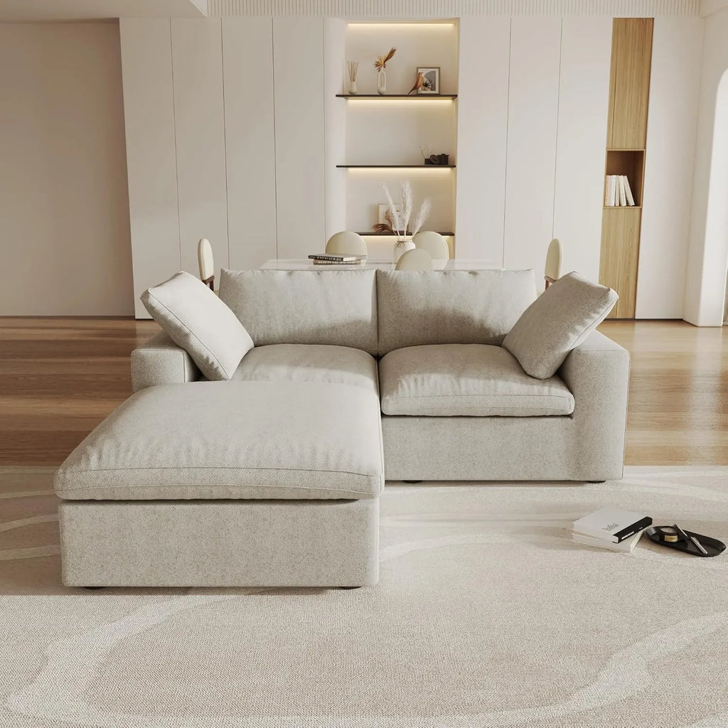 Canapés d'angle Deluxe Premium Cloud | Canapés d'angle 3 pièces en coton et lin kaki avec méridienne | Confort optimal | 2 places