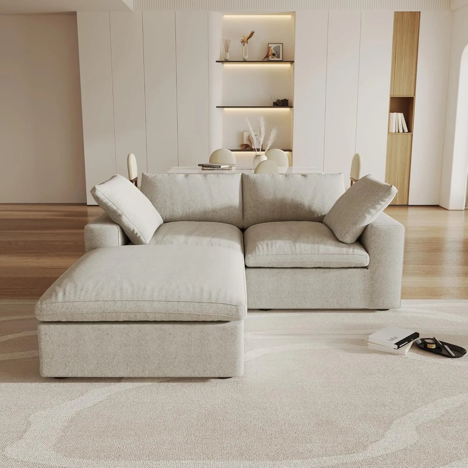 Canapés d'angle Deluxe Premium Cloud | Canapés d'angle 3 pièces en coton et lin kaki avec méridienne | Confort optimal | 2 places