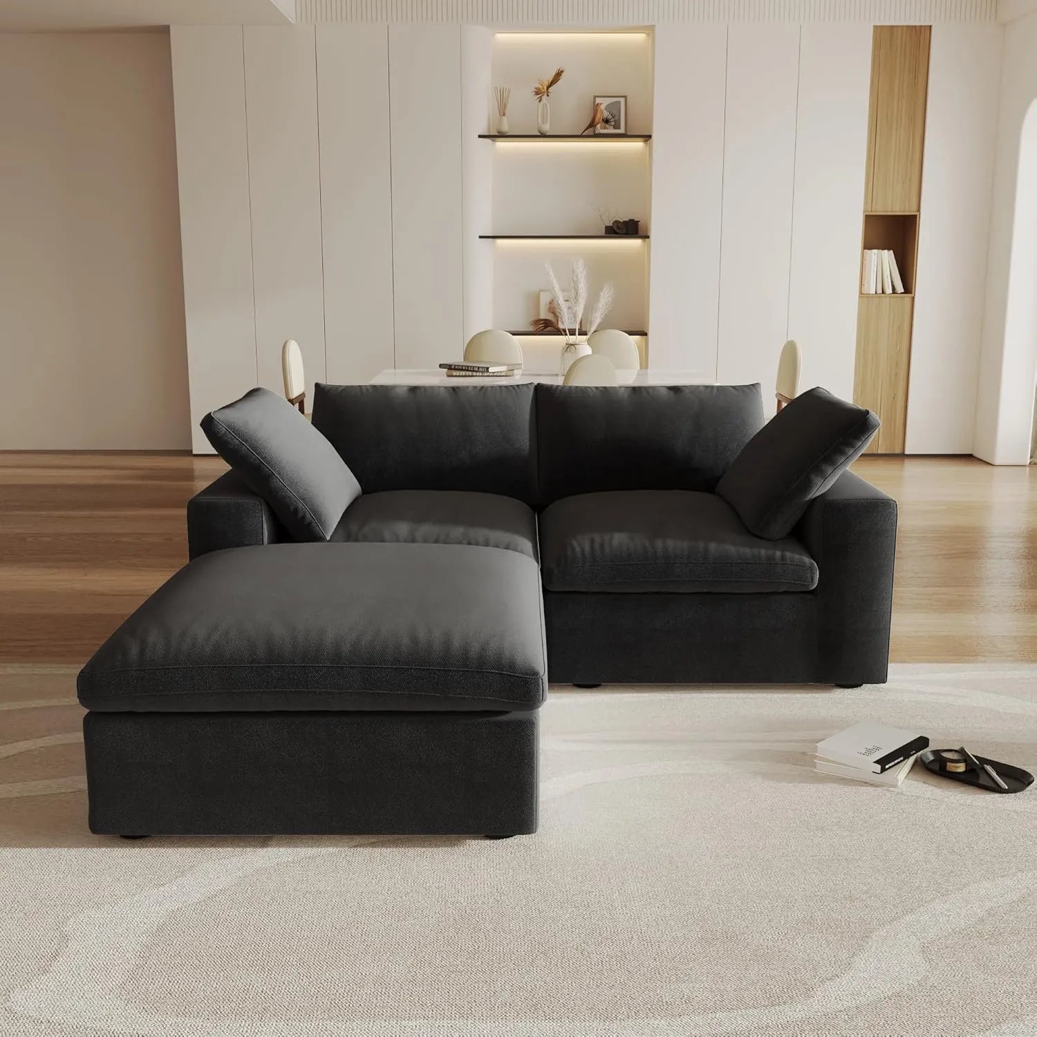 Canapés d'angle Deluxe Premium Cloud | Canapés d'angle 3 pièces en coton et lin noir avec méridienne | 80 housses amovibles et lavables | 2 places