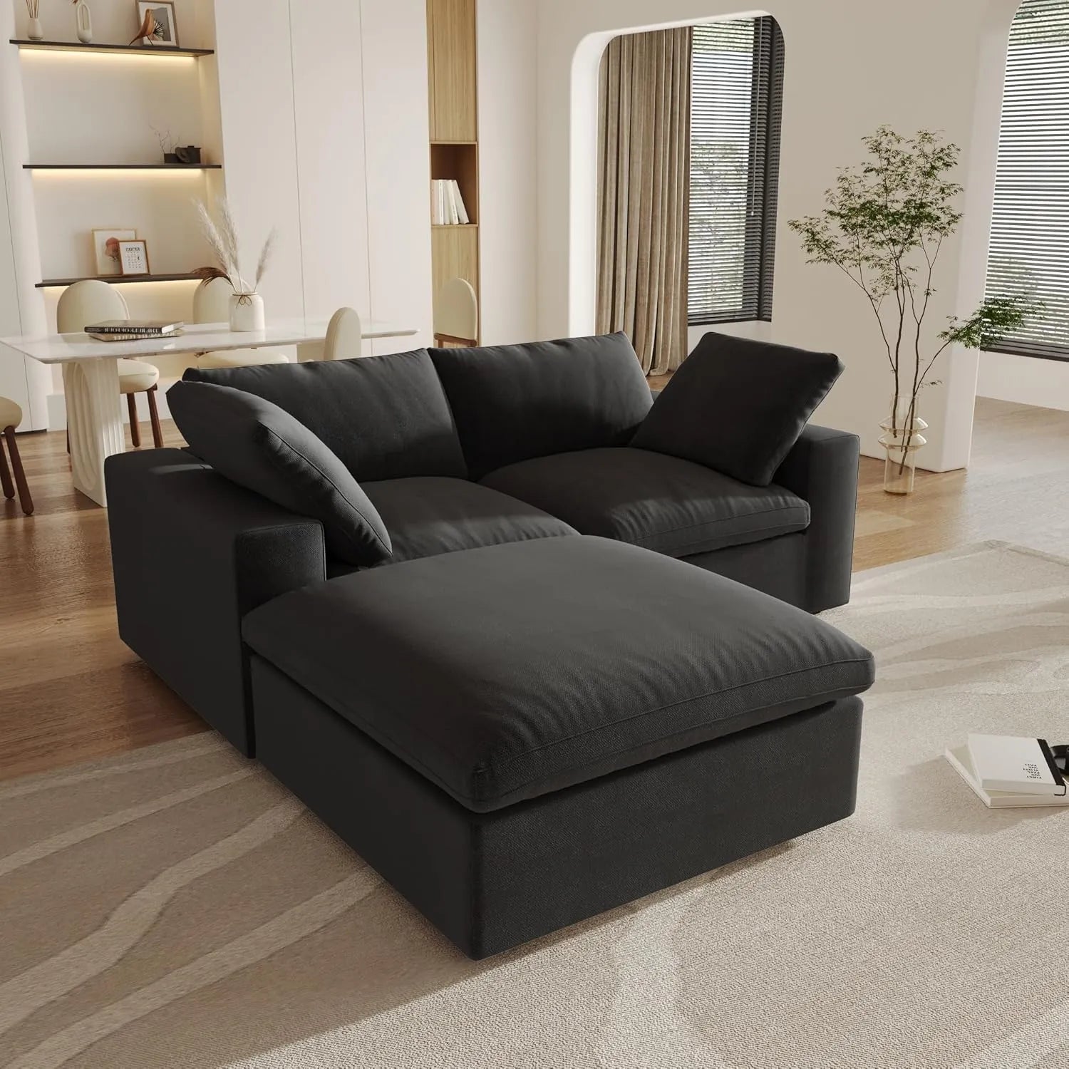 Canapés d'angle Deluxe Premium Cloud | Canapés d'angle 3 pièces en coton et lin noir avec méridienne | 80 housses amovibles et lavables | 2 places