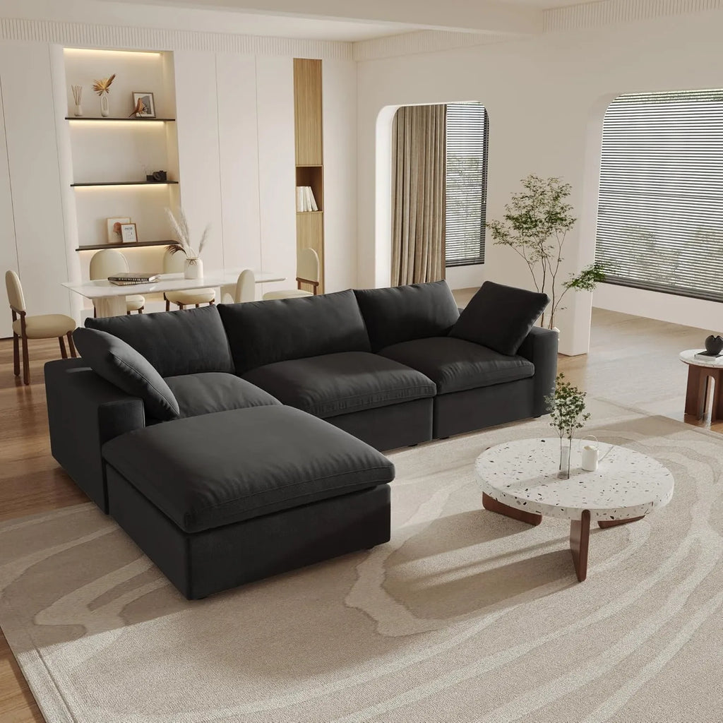 Canapés d'angle Deluxe Premium Cloud | Ensemble 4 pièces en coton et lin noir, forme L, pouf de rangement 120 cm, 3 places