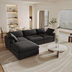 Canapés d'angle Deluxe Premium Cloud | Ensemble 4 pièces en coton et lin noir, forme L, pouf de rangement 120 cm, 3 places